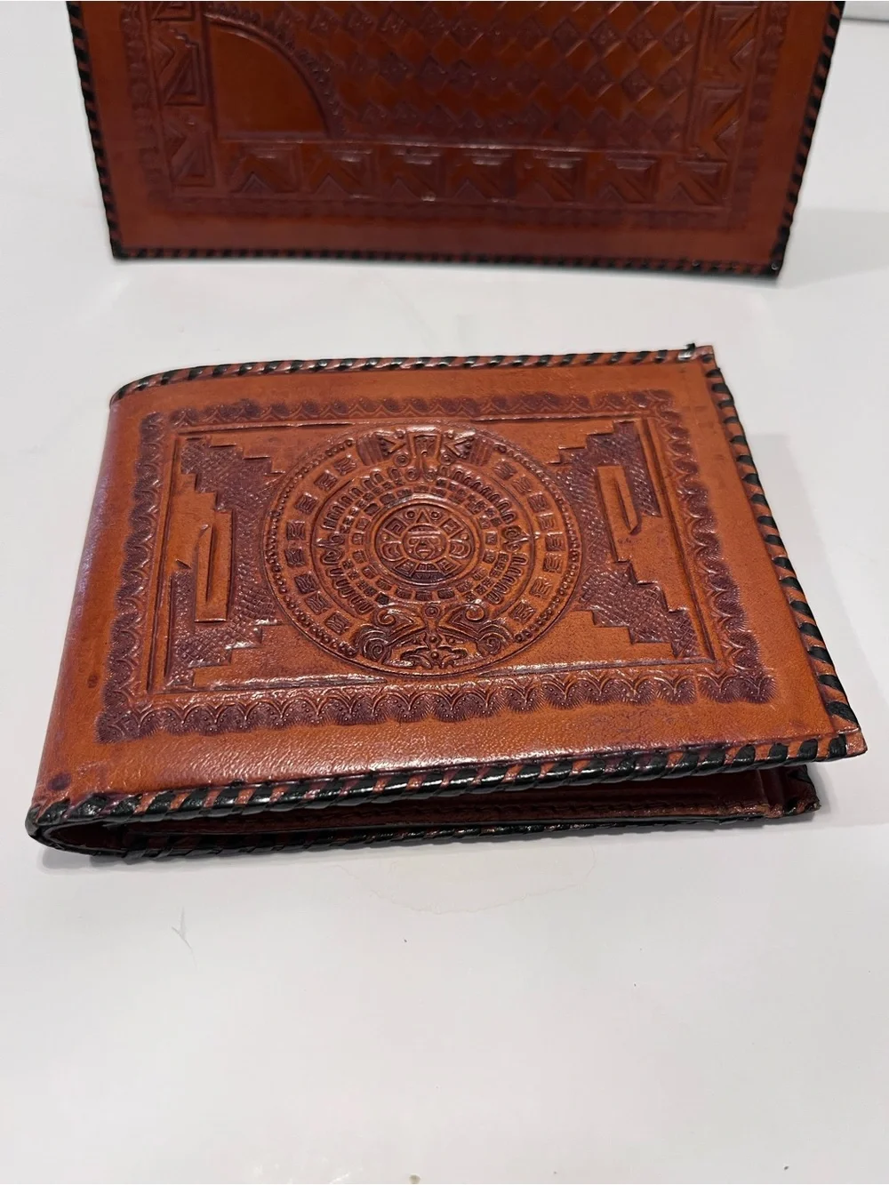 Vintage Handcrafted Leather Aztec Calendar Embossed Wallet & Check Book